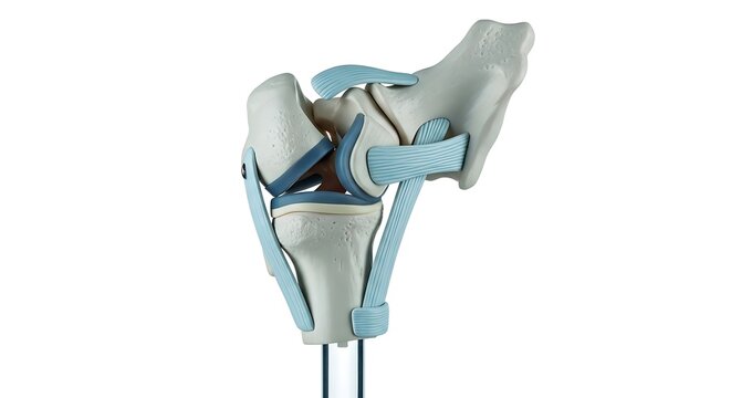 Anatomical knee joint model depicting bones cartilage and ligaments on white background