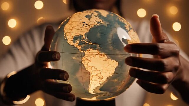 A person holding a glowing world globe with Africa in focus, surrounded by yellow string lights in a cozy indoor setting
