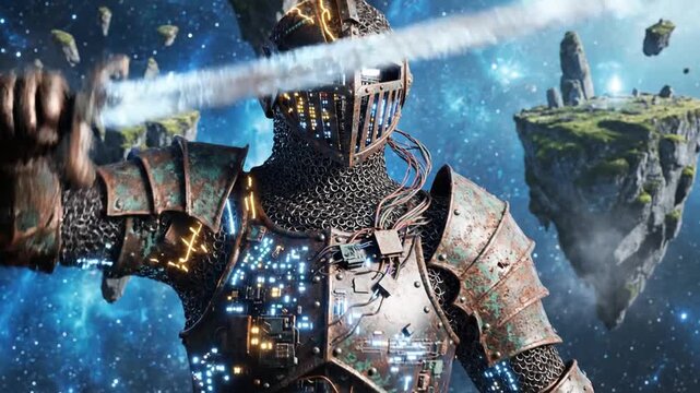 A knight in rusted armor holds a glowing sword in a fantasy setting with floating islands and a starry sky