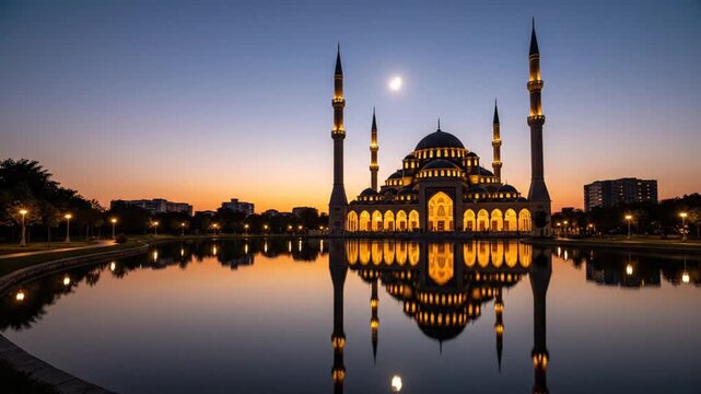 A serene mosque with minarets reflected in a calm lake at sunset with a clear sky