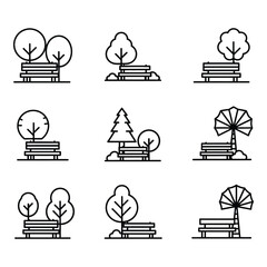 Collection of minimalist park bench illustrations with various trees and decorative elements isolated on transparent background perfect for lifestyle and naturethemed projects