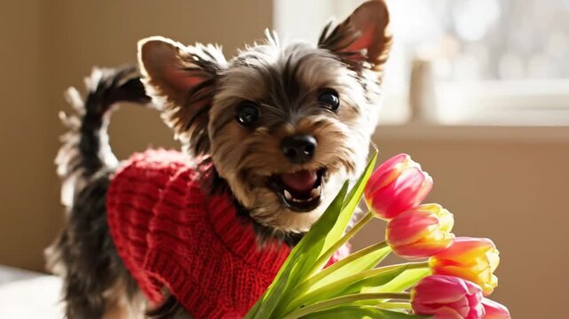 A small dog wearing a red sweater holds a vibrant bouquet of pink, yellow, and orange tulips indoors, near a sunlit window