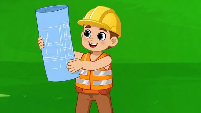 A smiling cartoon construction worker in a yellow hard hat and orange vest holding blueprints in a green background