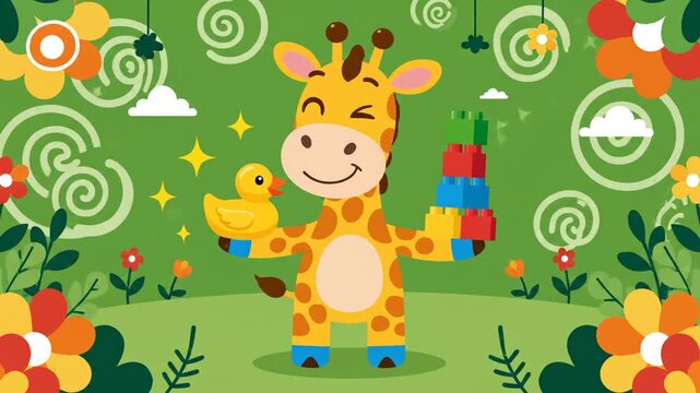 A smiling giraffe holding a rubber duck and blocks standing on green grass with flowers and decorations in the background