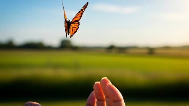 Monarch Butterfly Takes Flight From Open Hand in Golden Hour Sunlight.