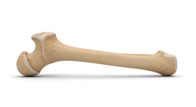 A single human humerus bone, lateral view with shadow on white background isolated