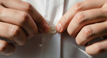 Close-up of a person's hands buttoning a white dress shirt, showing detail of the button and fabric.