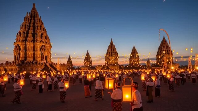 Prambanan Temple Complex Illuminated at Dusk with Lanterns and People.