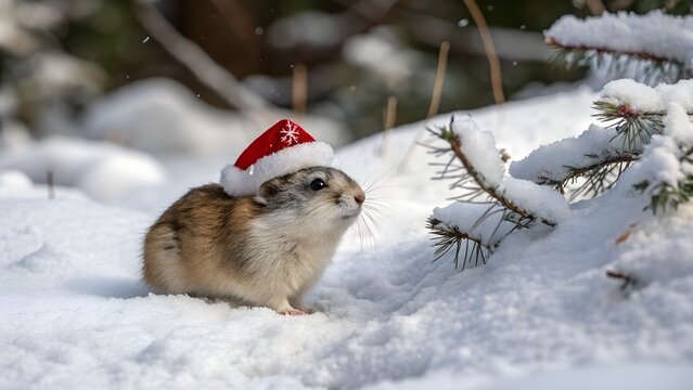 Lemming wearing Santa hat in snowy yard small Arctic rodent winter scene