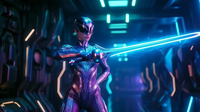 Woman futuristic warrior with glowing energy sword in multiple dynamic poses. Science fiction heroine a digital art concept.