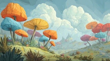 Obraz premium Psychedelic mushrooms in vibrant landscape