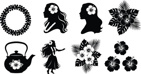Vector silhouette collection of Hawaiian hula dancer, woman with hibiscus flower, tropical floral arrangements, aloha spirit icons, exotic island vacation elements © Utpal