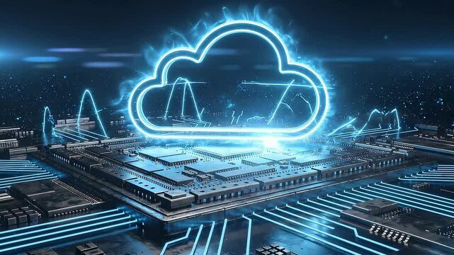Cloud computing infrastructure animation video illustrating secure data storage, scalable server architecture, digital processing systems, and modern enterprise technology solutions