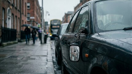 Obraz premium Broken side mirror on a car parked on rainy city street after an accident. Concept of property damage, insurance claim