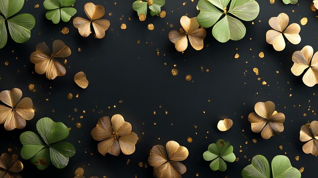 Golden and green clover leaves arranged on a dark black background