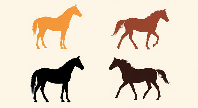 さまざまな色の馬のシルエットのミニマリストのイラスト