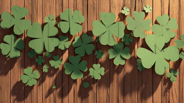 A collection of green four leaf clovers arranged on a wooden surface