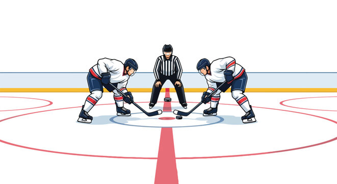 Ice hockey players at center ice for face off with referee illustration