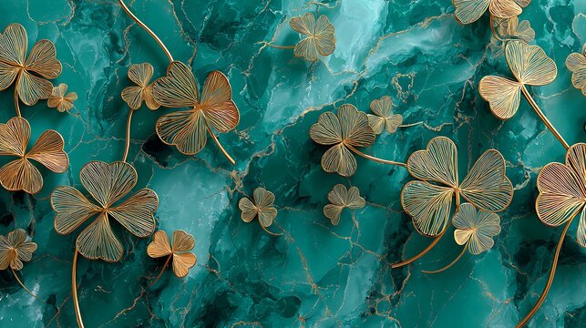 Golden clovers on a textured teal and white marble background