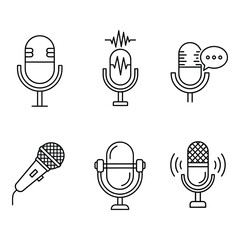 Collection of various microphone icons illustrating different types of microphones and sound recording concepts isolated on transparent background