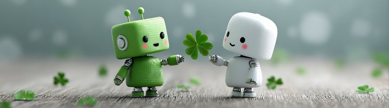 Two adorable robot figures exchange a four leaf clover in a blurred forest