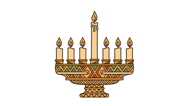 Traditional Kwanzaa kinara with seven lit candles and decorative African patterns celebrates cultural heritage and winter holidays.