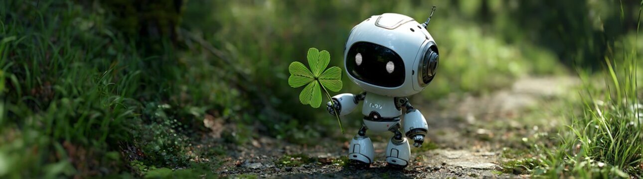 A small white robot curiously examines a green plant in a forest