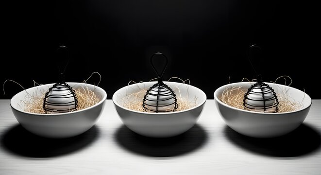 Three white bowls with metal objects and brown substance