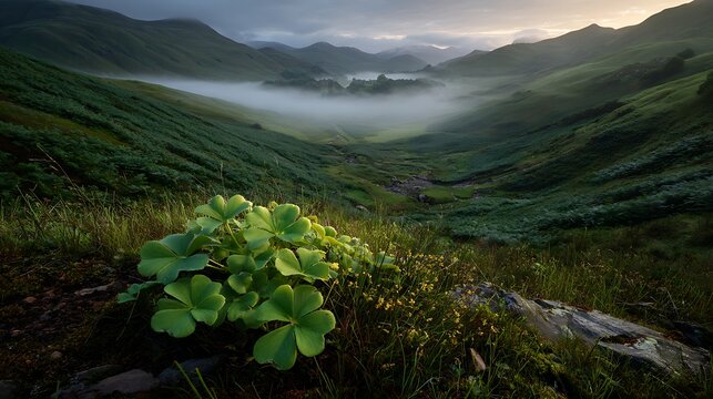 A lush green valley shrouded in morning mist with wildflowers in foreground