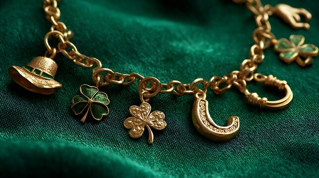 A golden charm bracelet featuring irish themed pendants on green velvet