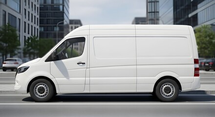 Modern white cargo panel van shown in profile parked curbside in a busy city environment ready for commercial delivery services or transportation needs.