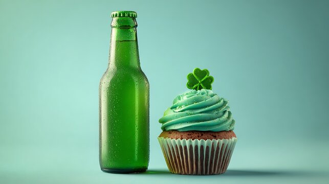 A green beer bottle and a teal cupcake with a clover decoration