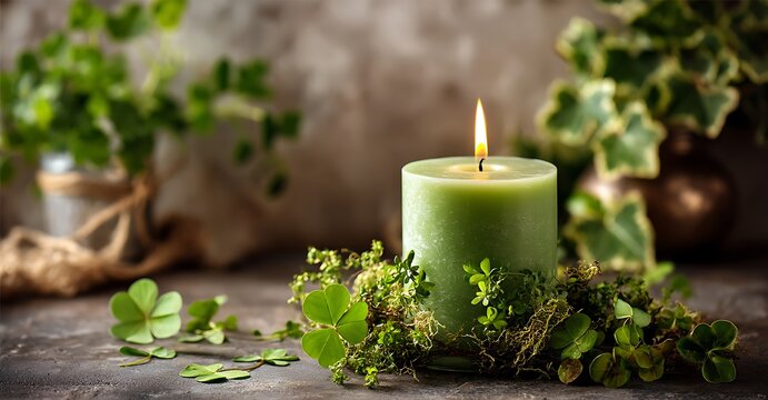A lit green candle surrounded by lush greenery and natural textures