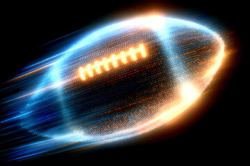 American football gliding with luminous speed through the night sky