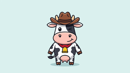 Obraz premium Cute cartoon cow character wearing a brown cowboy hat and a bell around its neck winking on a light blue background.