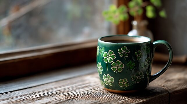 A green ceramic mug filled with a warm beverage sits by a window