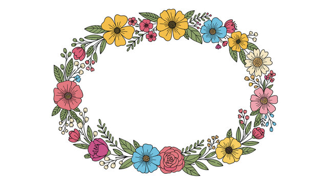 Beautiful oval wreath made of various colorful flowers and leaves provides a bright floral border for spring and garden themes.