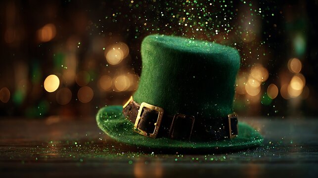 A vibrant green leprechaun hat with sparkling magical dust floating around it