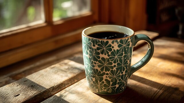 A green ceramic mug filled with black coffee sits in warm sunlight