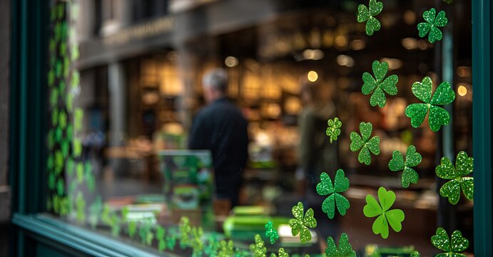St patrick s day decorations on a storefront window with blurred background