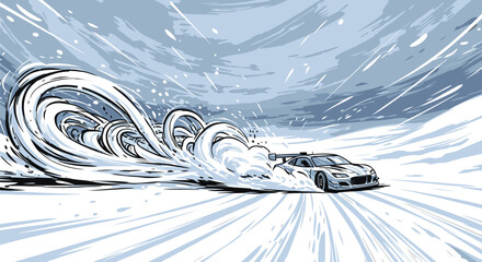 Sports car drifting fast on a snowy track with ice clouds © Gimhana