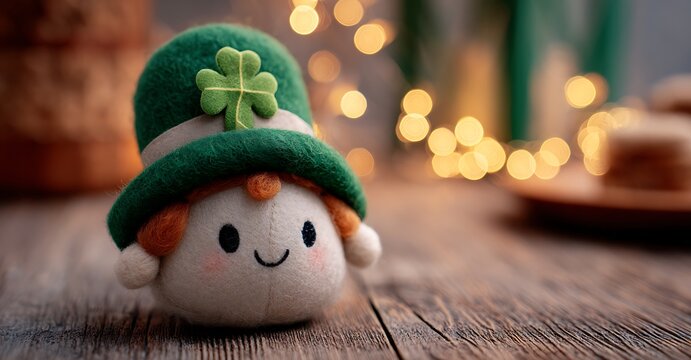A charming leprechaun plush toy sits on a rustic wooden surface