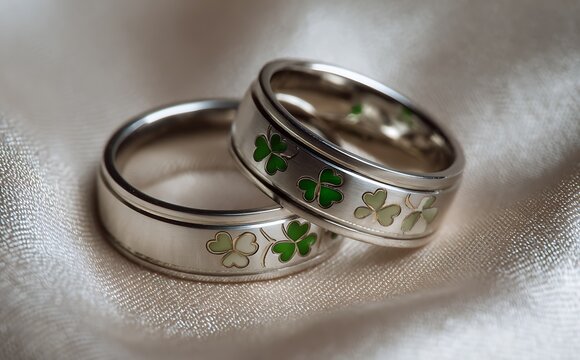 Silver wedding rings with delicate green clover designs on a soft surface