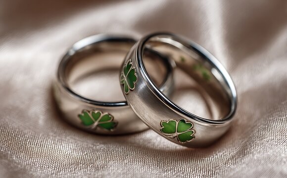 Two silver wedding bands with green clover inlays resting on fabric