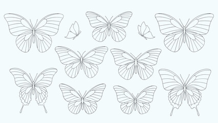 Obraz premium Collection of various butterfly shapes and species in delicate dashed-line art for decorative projects and crafts.