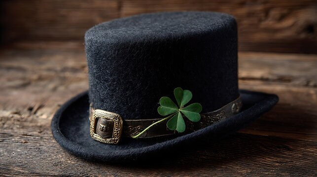 A vintage black top hat adorned with a golden buckle and a four leaf clover