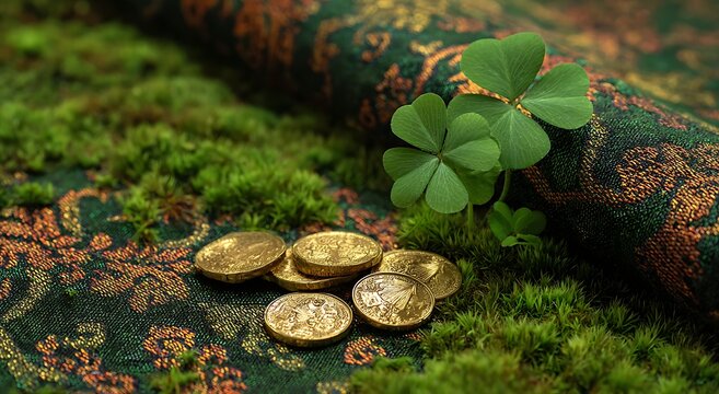 A four leaf clover rests among gold coins and vibrant green moss