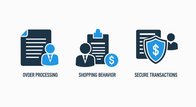 Icons for e-commerce and finance: order processing document, shopping behavior analysis, and secure transactions with shield.