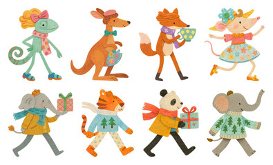 Fototapeta premium PNG Whimsical animals in festive attire, element set on transparent background