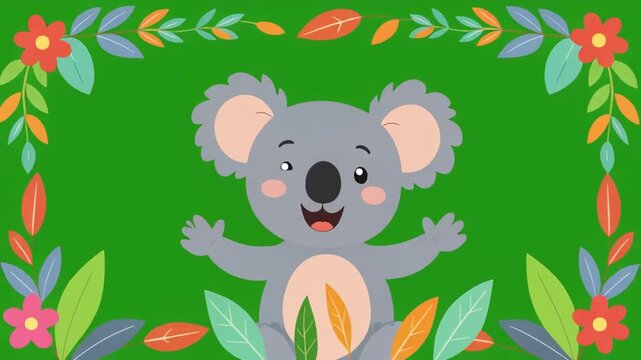 Cartoon koala waving with colorful floral border on green background, perfect for kids educational material or greeting card